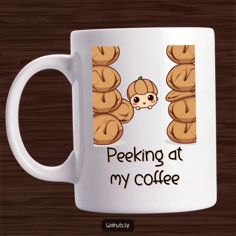 Funny walnut mug, a curious walnut peeking from behind a stack of other walnuts with intrigue. A playful and nutty design.