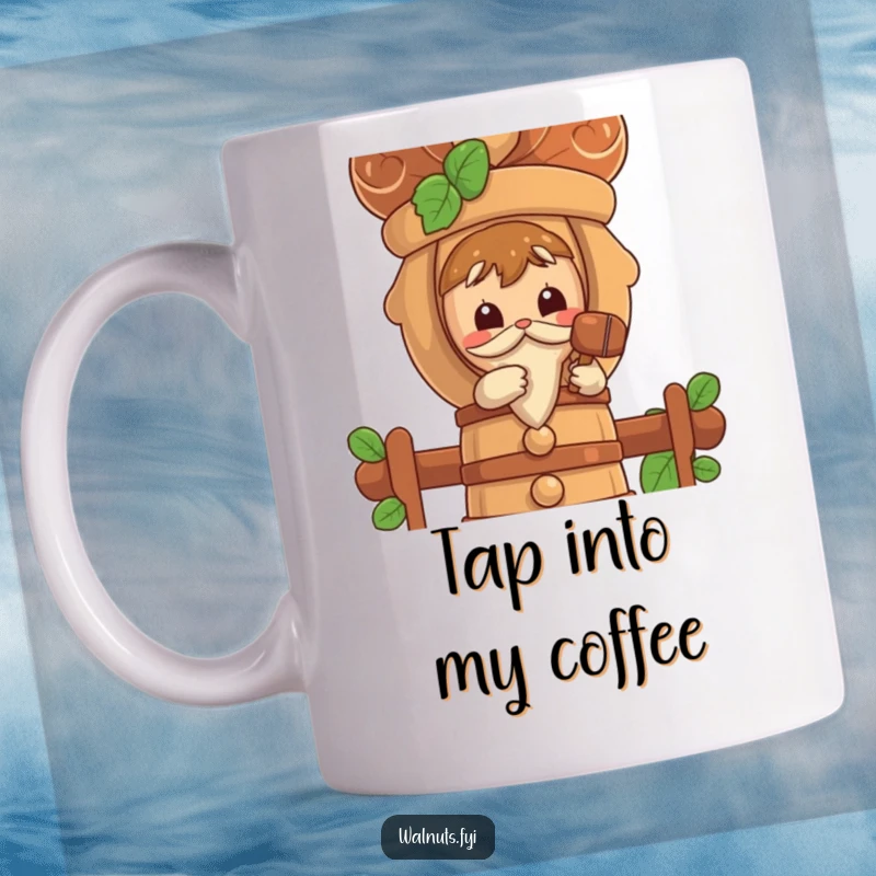 Funny mug: a curious walnut character taps a large nutcracker with a tiny mallet, investigating.