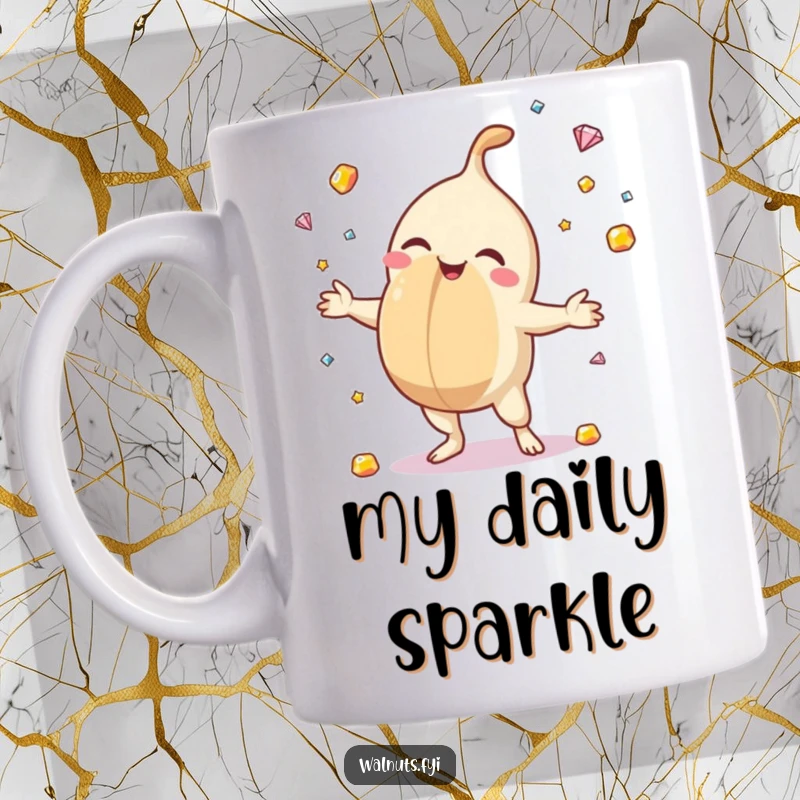 Funny mug featuring a delighted macadamia nut joyfully juggling sparkling gemstones, radiating happiness and a passion for shiny things.