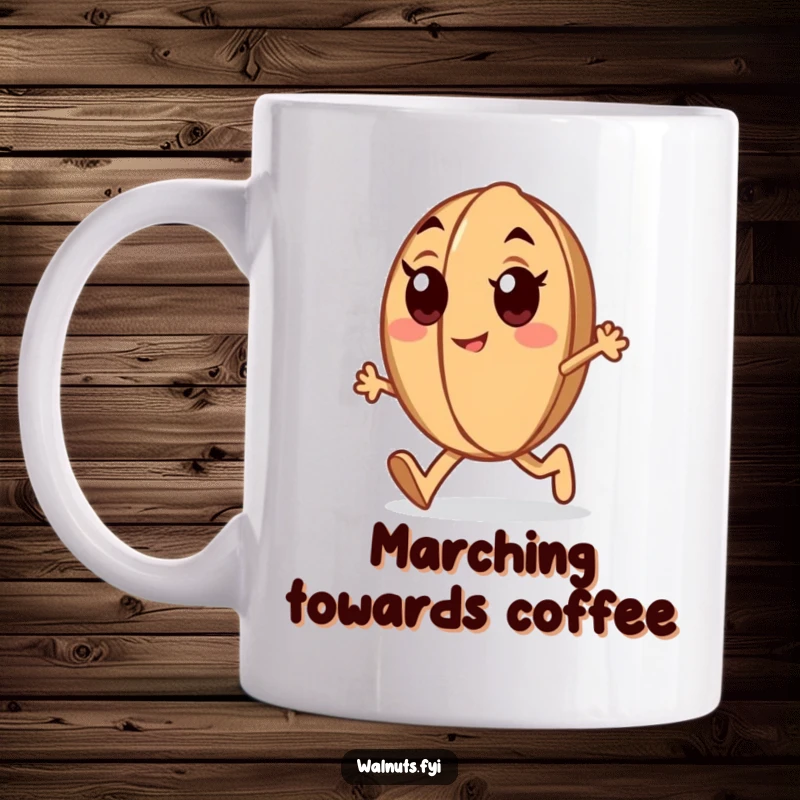 Funny determined walnut mug showing a walnut with enthusiastic eyes marching forward purposefully, motivational and humorous.