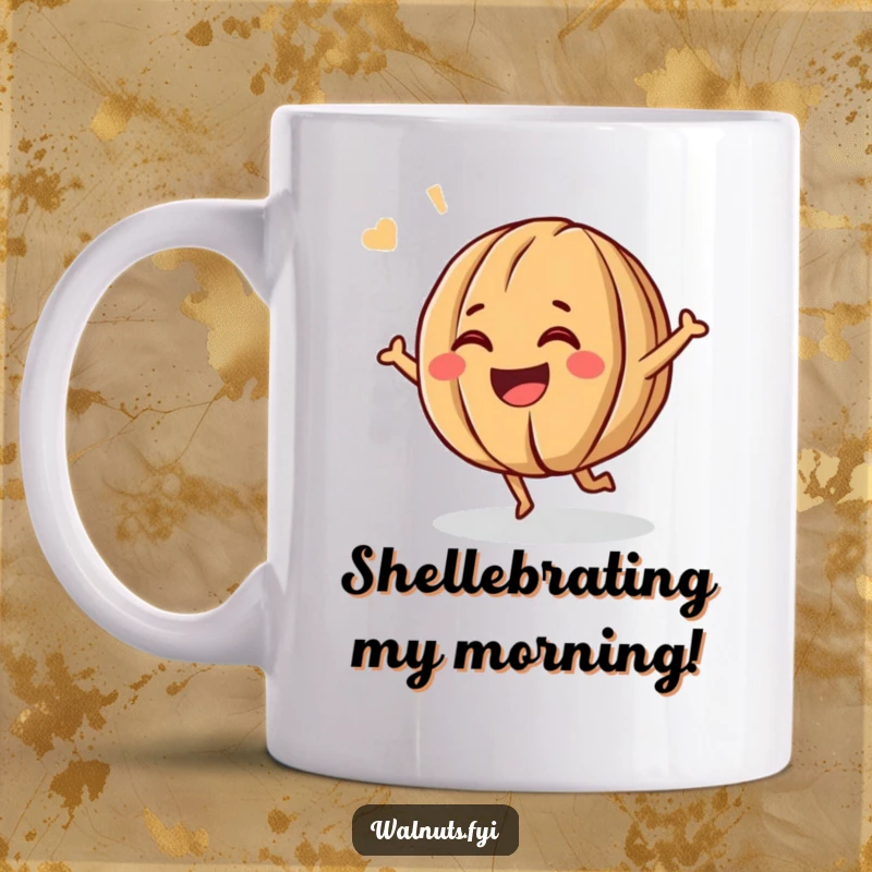 Funny mug with a giggling walnut character bouncing energetically, showcasing a cheerful grin and infectious good humor.