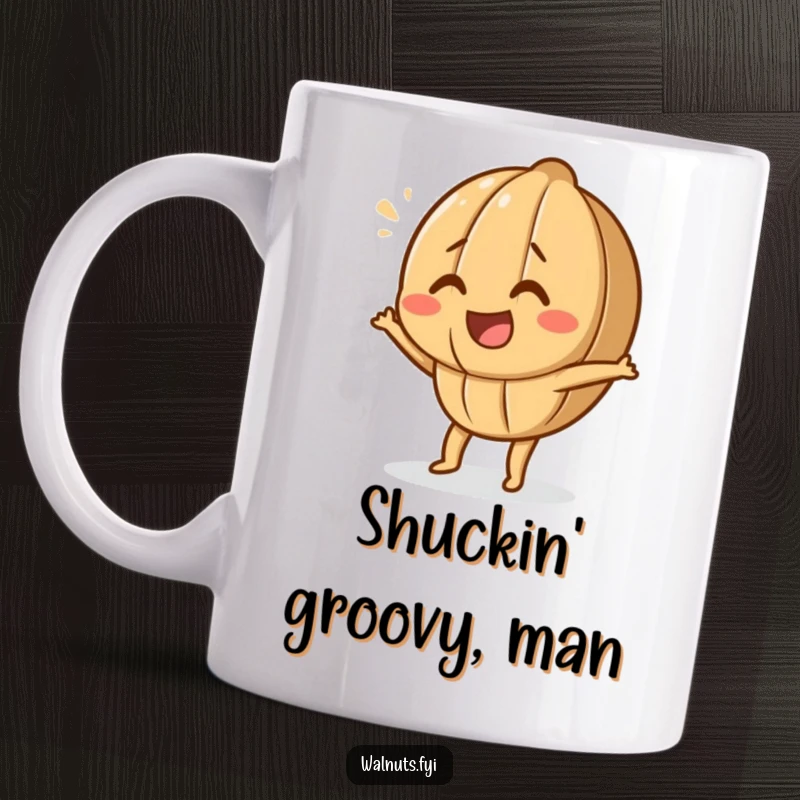 Funny Giggling Walnut Mug featuring a happy walnut character enthusiastically doing a silly dance move, perfect for coffee lovers.