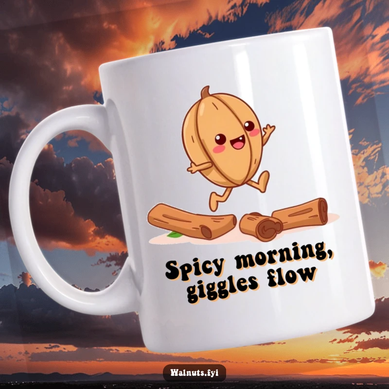 Funny mug graphic of a happy walnut skipping gleefully down a winding trail made entirely of cinnamon sticks.