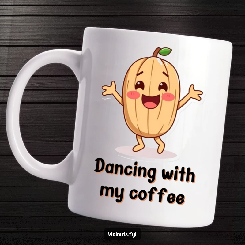 Funny playful walnut character enthusiastically doing a happy dance, perfect for coffee mugs and dance lovers.