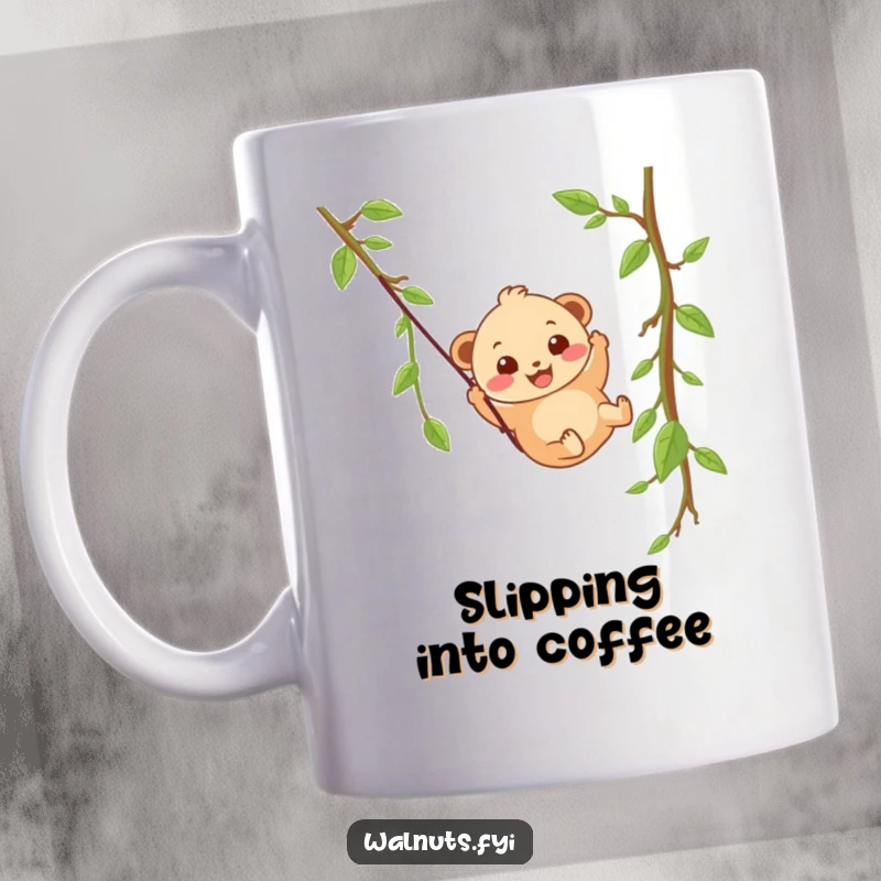 Funny, wobbly beige hazelnut with a happy grin slides down a vine zipline on this mug.