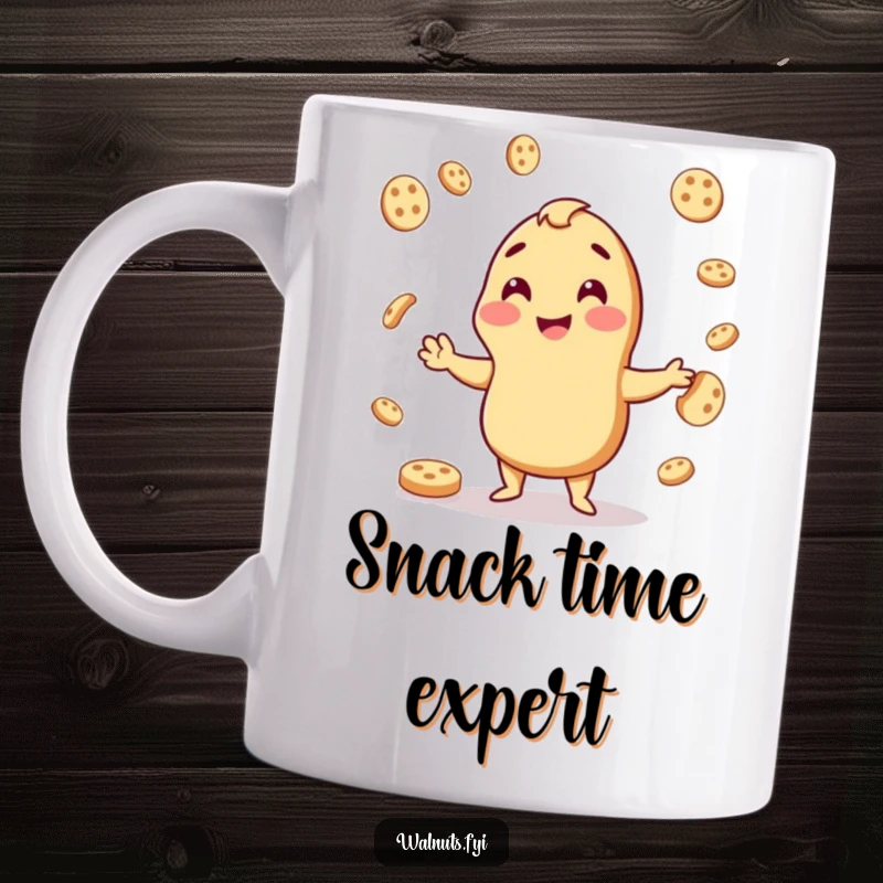 Funny mug showing a cheerful cashew gleefully juggling small cookie pieces, a delightful treat for snack lovers.