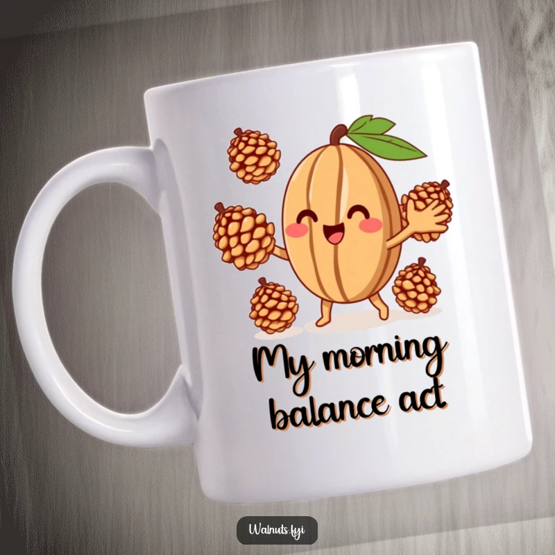 Funny Juggling Walnut Mug, a smiling walnut skillfully juggling three tiny pinecones, showcasing playful dexterity.