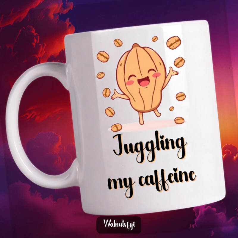 Funny mug depicting a joyful walnut character skillfully juggling several smaller walnut pieces, showcasing playful talent.