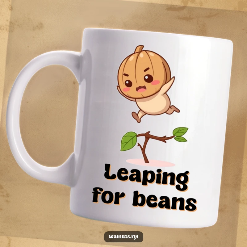 Funny jumping walnut character with a determined expression leaping over a twig, featured on a motivational mug.