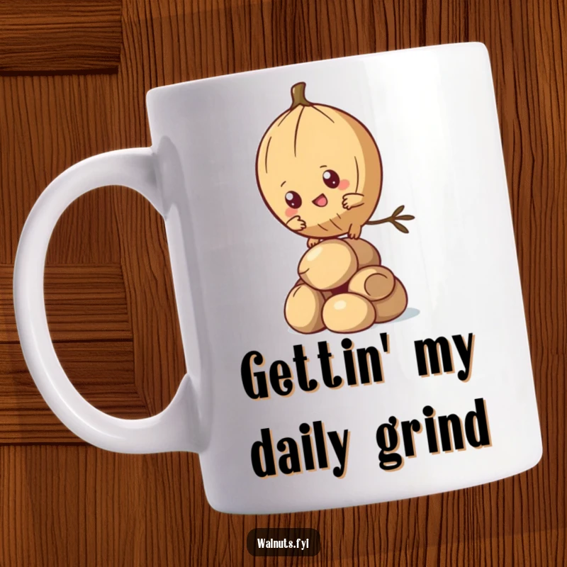 Funny Kawaii Pine Nut Mug featuring a determined character scaling a nut stack, symbolizing perseverance with humor. Great funny gift.