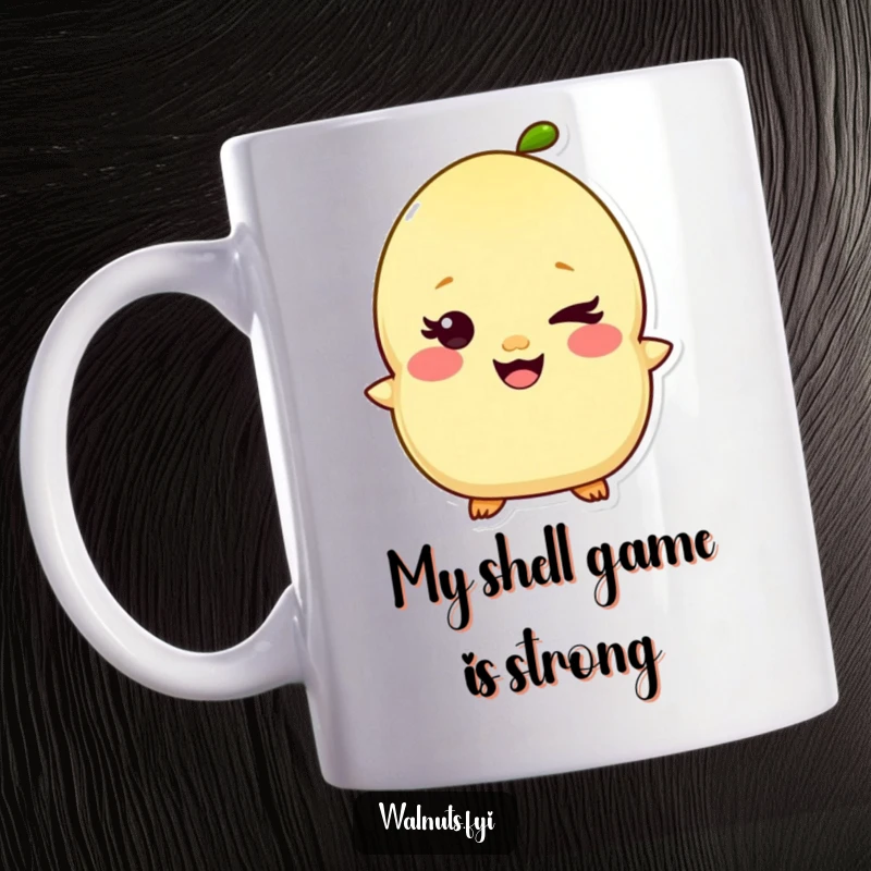 Funny Kawaii Pistachio Mug featuring a giggling character with a mischievous wink, spreading nutty joy. Perfect humorous gift.