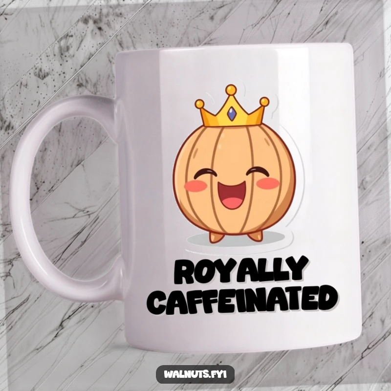Funny mug depicting a laughing walnut character wearing a tiny crown, radiating joy and a sense of playful majesty.