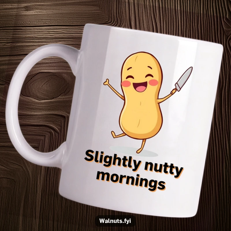 Funny mug featuring a joyful peanut doing a happy dance while holding a butter knife, radiating pure nutty glee.