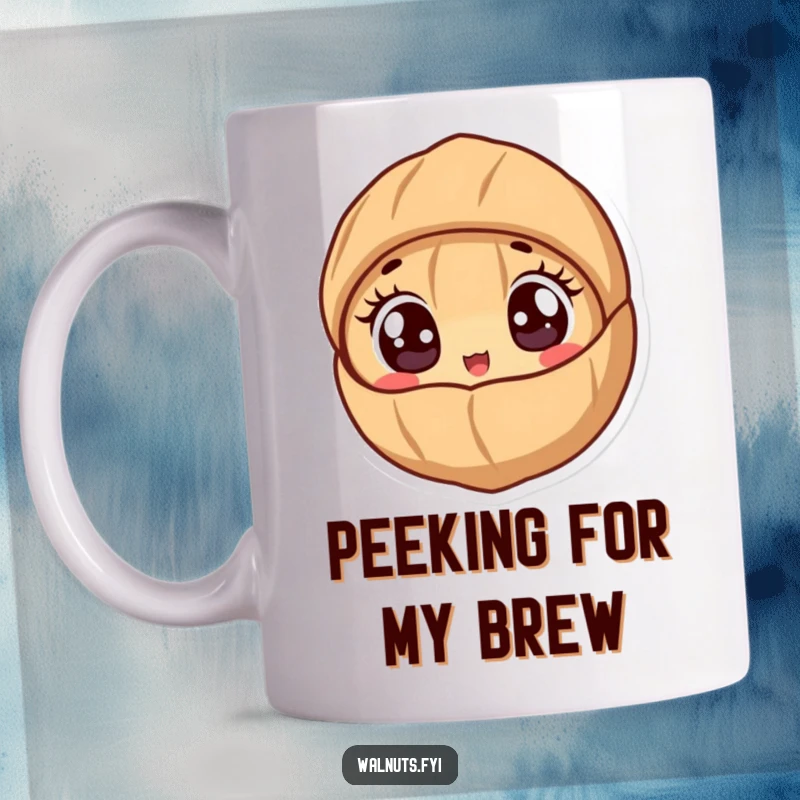 Funny mug with a cute walnut character peeking out from its shell with wide, excited eyes.