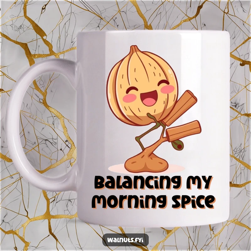 Funny mug illustration of an ecstatic walnut carefully balancing a minuscule branch adorned with cinnamon sticks.