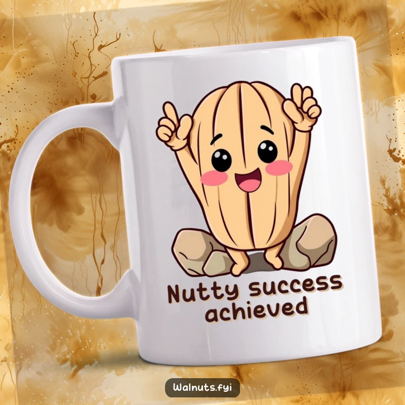 Funny Walnut Mug: Cheerful anthropomorphic walnut raises arms celebrating a successful climb, victory and humor gift.