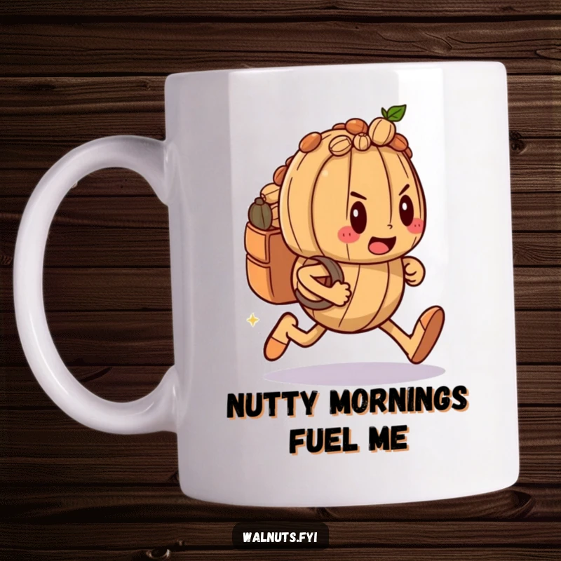 Funny mug featuring a determined walnut character in mid-sprint, backpack brimming with nuts, ready for adventure.