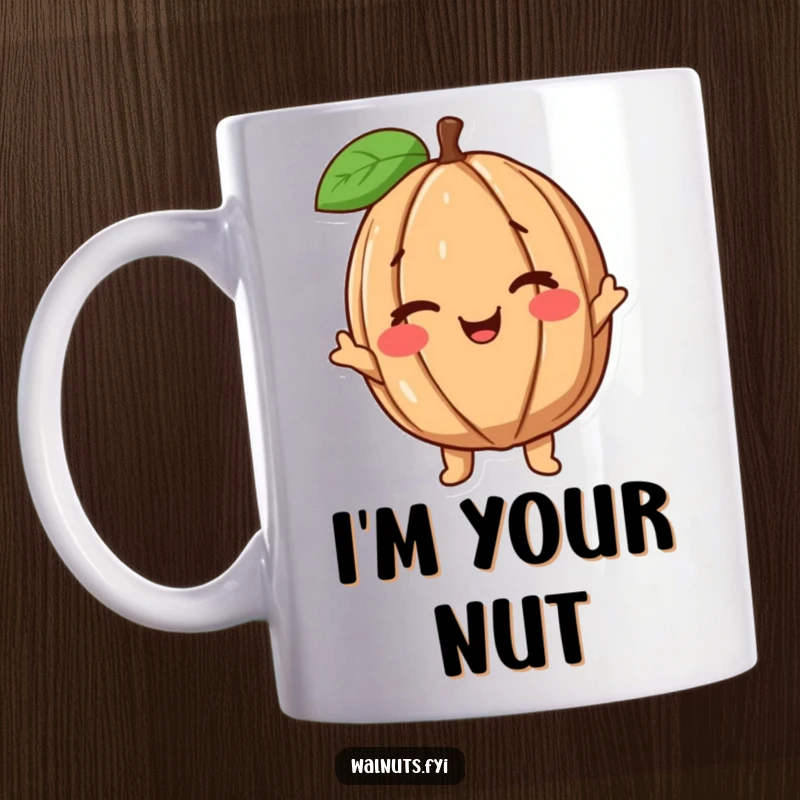 Funny Wink Walnut Mug featuring a happy, smiling walnut character playfully winking, perfect for coffee lovers.