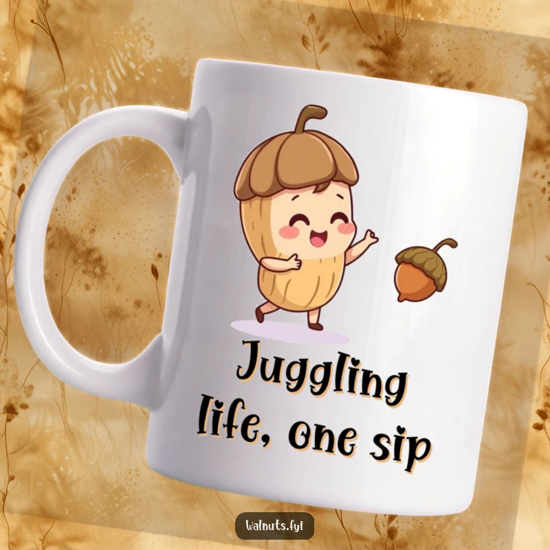 Funny mug showcasing a playful walnut character expertly juggling a small acorn with a smile.