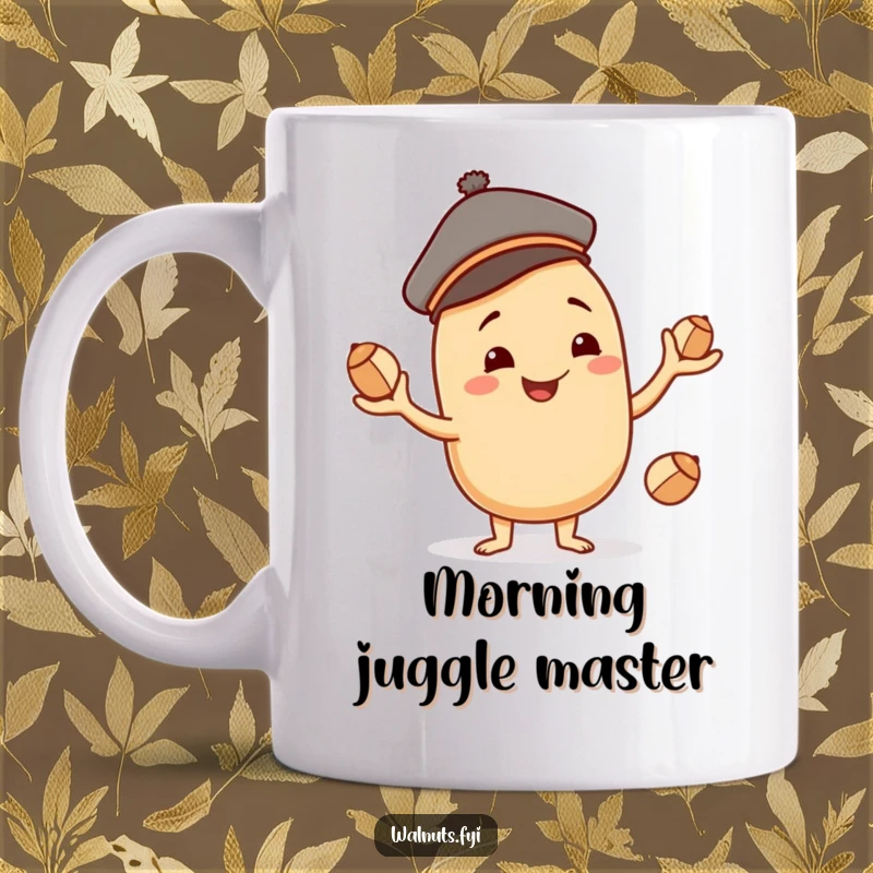 Funny smiling beige cashew character wearing a jaunty cap, juggling three smaller nuts with impressive skill.