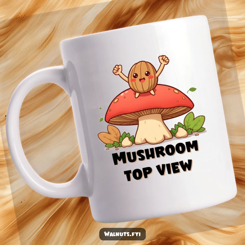 Funny smiling walnut character posing triumphantly on a large mushroom, featured on a celebratory mug.