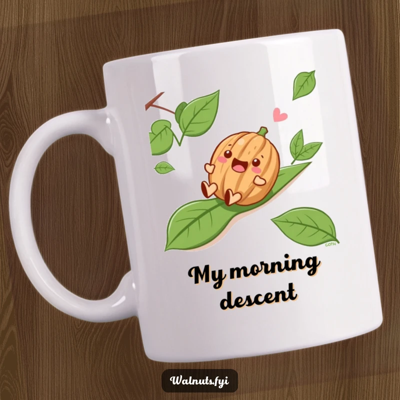 Funny Sliding Walnut Mug, a delighted walnut character joyfully sliding down a colorful leafy slope, capturing pure happiness.