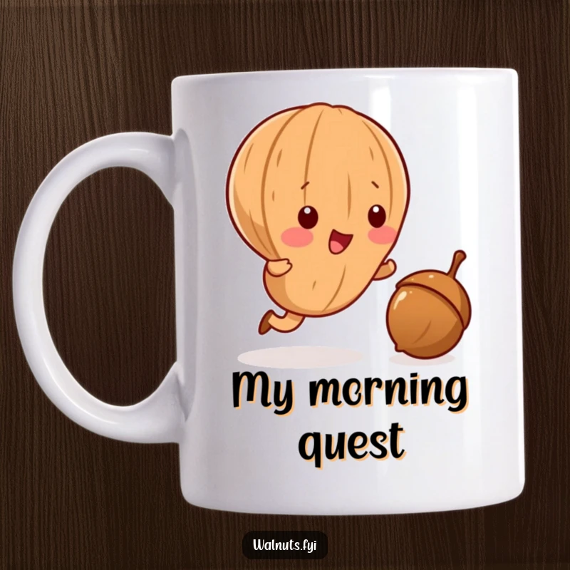 Funny Kawaii walnut mug, playfully chasing a rolling acorn with a determined and happy expression, excellent gift idea.