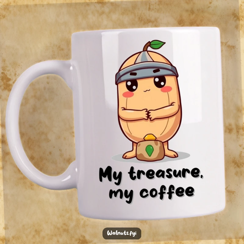 Funny, determined round Brazil nut with crossed arms guards a small treasure on this mug.