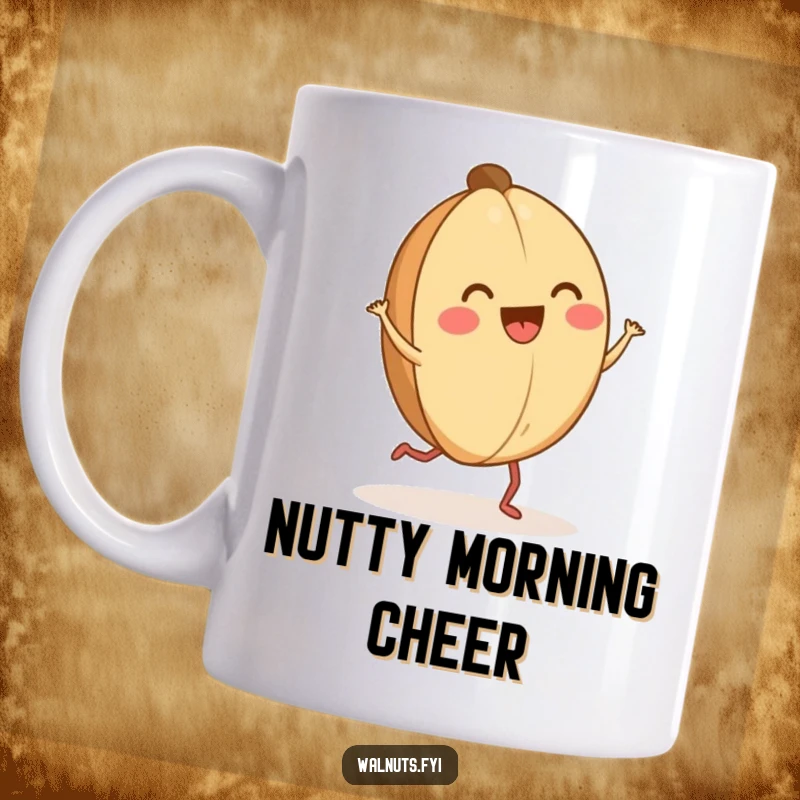 Funny happy walnut mug showing a walnut with tiny legs doing a jig, expressing pure, unadulterated joy.
