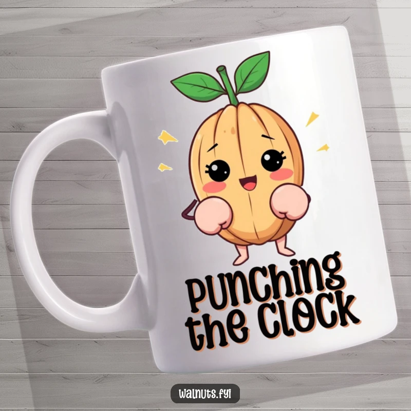 Funny Walnut Mug: Happy walnut wearing tiny boxing gloves, ready for a fight, perfect funny gift.