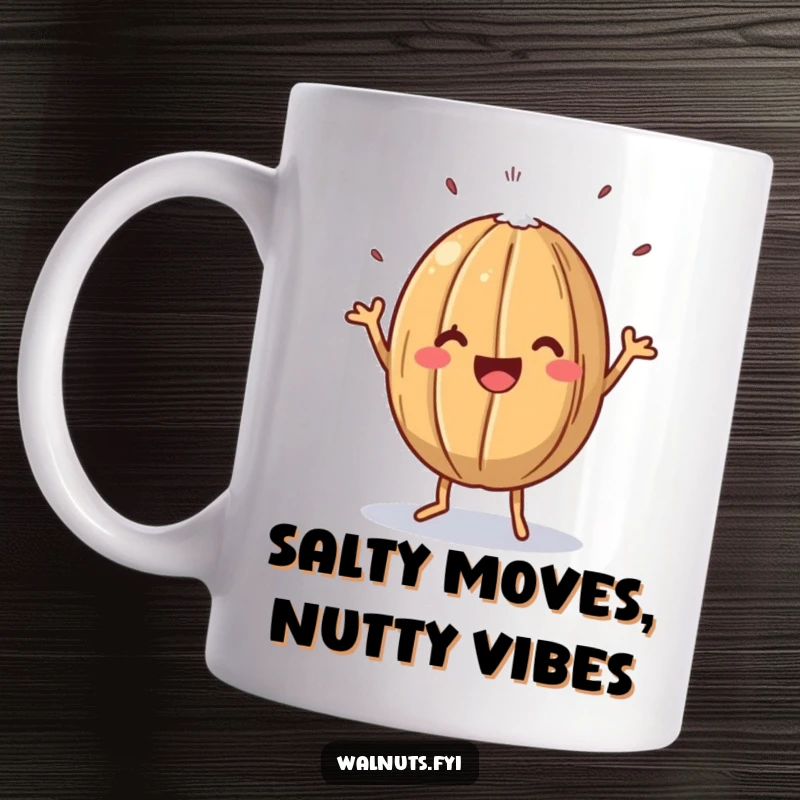 Funny mug featuring a happy walnut doing a jig, covered in a sprinkle of salt, expressing pure nutty delight.