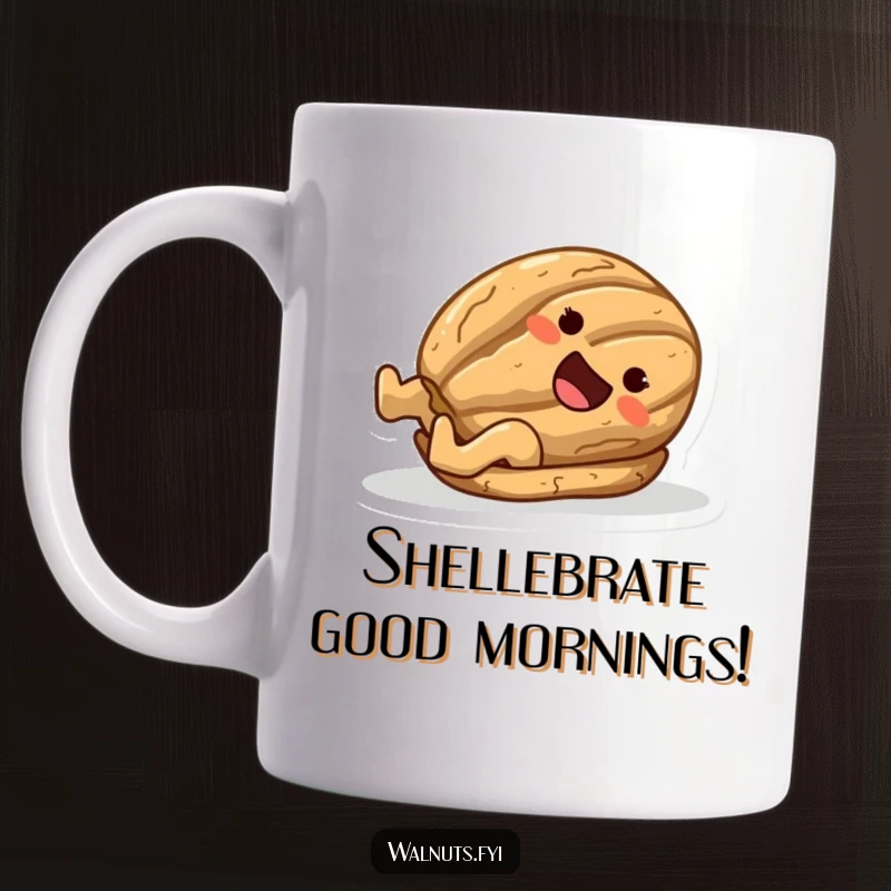 Funny mug featuring a joyful walnut character smoothly sliding down a polished surface on its shell, spreading happiness.