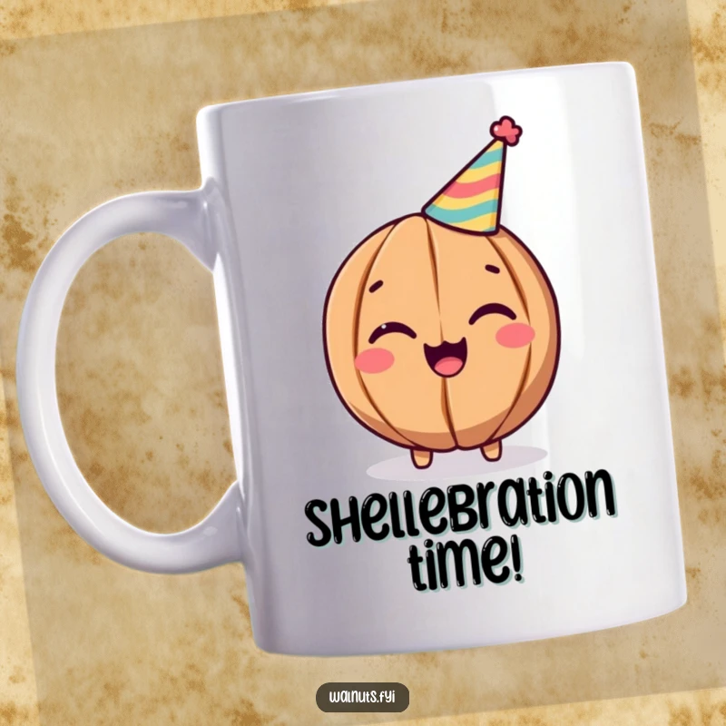 Funny Walnut Mug: Cheerful walnut with a party hat winking, ideal for celebrations and funny gifts.