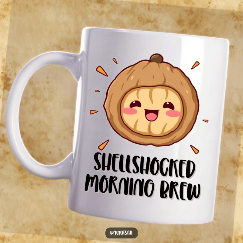 Funny Kawaii Walnut Mug: A surprised cartoon walnut cracks itself open in mid-air, spilling tiny bits, full of shock and delight.