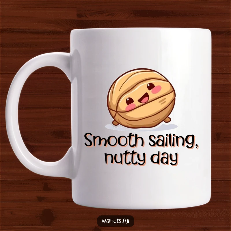 Funny mug featuring a playful walnut joyfully sliding down a smooth surface, capturing a moment of pure nutty delight.