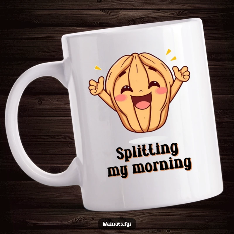 Funny Kawaii Walnut Split Mug: A cute cartoon walnut is doing a triumphant split, legs wide apart, with a massive, joyful grin on its face.
