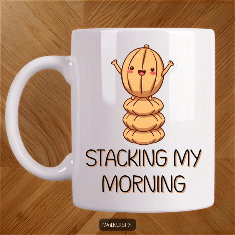 Funny Kawaii Walnut Balancing Act Mug: A cute cartoon walnut confidently balances atop a wobbly stack of other walnuts, looking poised and determined.
