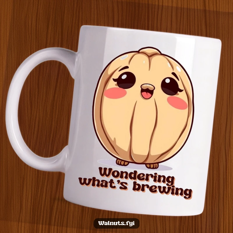 Funny mug featuring a curious walnut character gazing upwards at the sky, lost in thought and wonder.