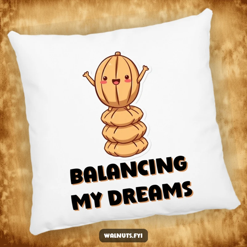 Funny Kawaii Walnut Balance Pillow: A plush cartoon walnut is depicted balancing on a stack of nuts, its posture conveying both humor and focus.