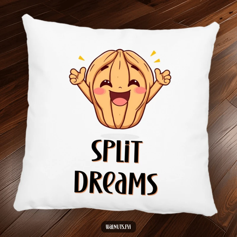 Funny Kawaii Walnut Split Pillow: A plush cartoon walnut is depicted in a wide, triumphant split, its massive grin conveying humorous celebration and joy.