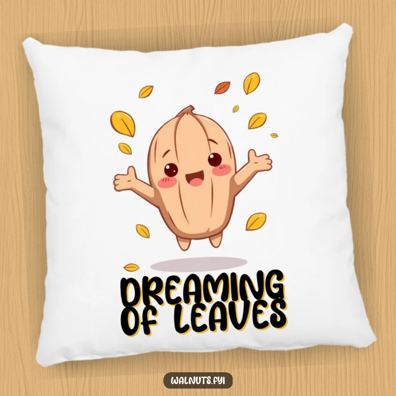 Soft funny autumn walnut pillow depicting a character catching falling leaves, perfect for cozying up.