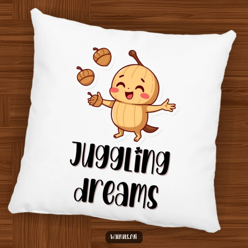 Soft funny juggling walnut pillow depicting a walnut juggling acorns with playful concentration, perfect for comfort.