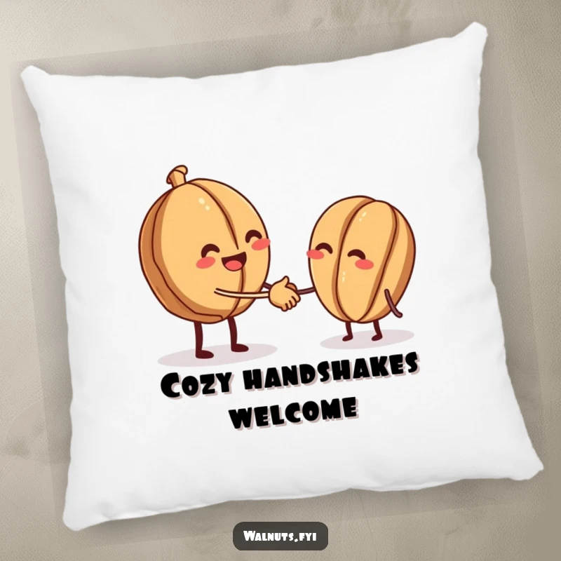 Funny pillow featuring a beaming walnut offering a tiny handshake to another walnut, providing cozy nutty comfort.
