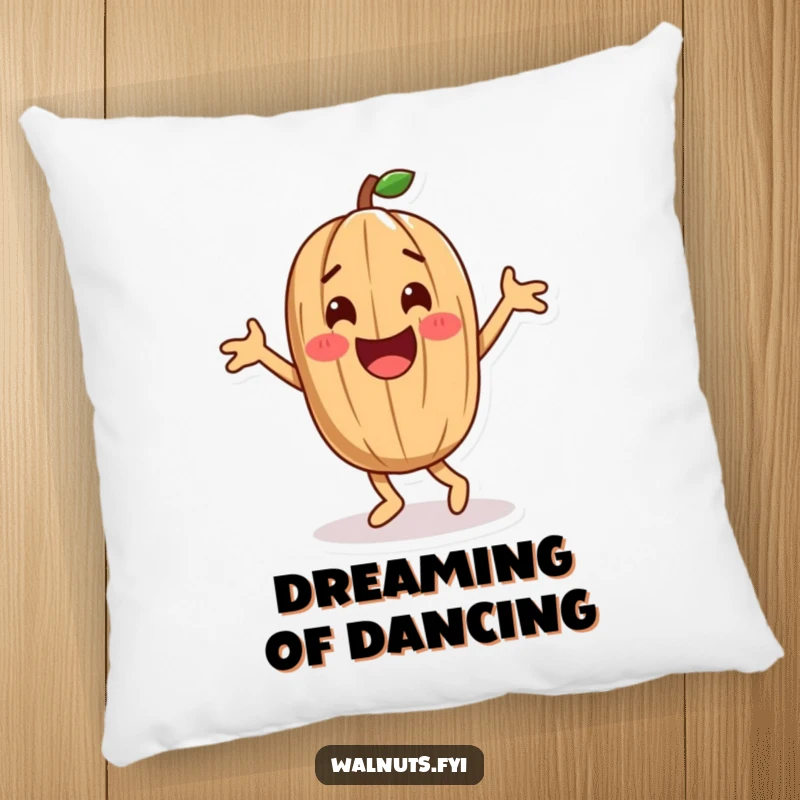Funny playful walnut character doing a happy dance, a soft and humorous pillow for relaxation.