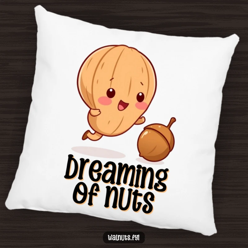 Funny Kawaii walnut pillow, illustrating a lighthearted moment of a walnut playfully chasing an acorn, soft decorative item.