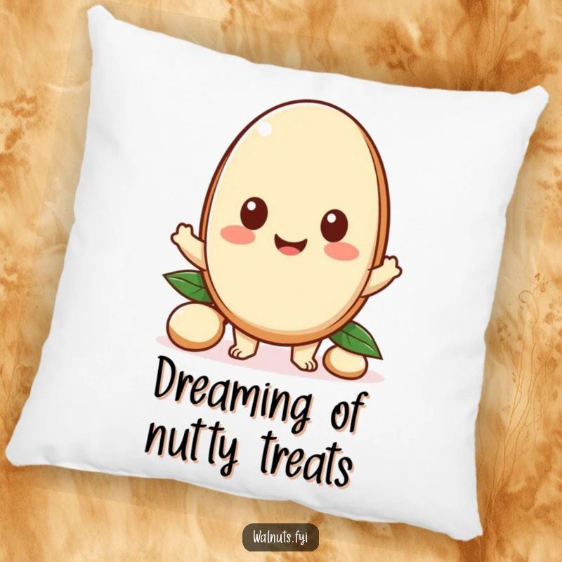 Funny pillow showcasing a happy Kawaii macadamia nut character offering a piece, offering comfort and a reminder of generosity.