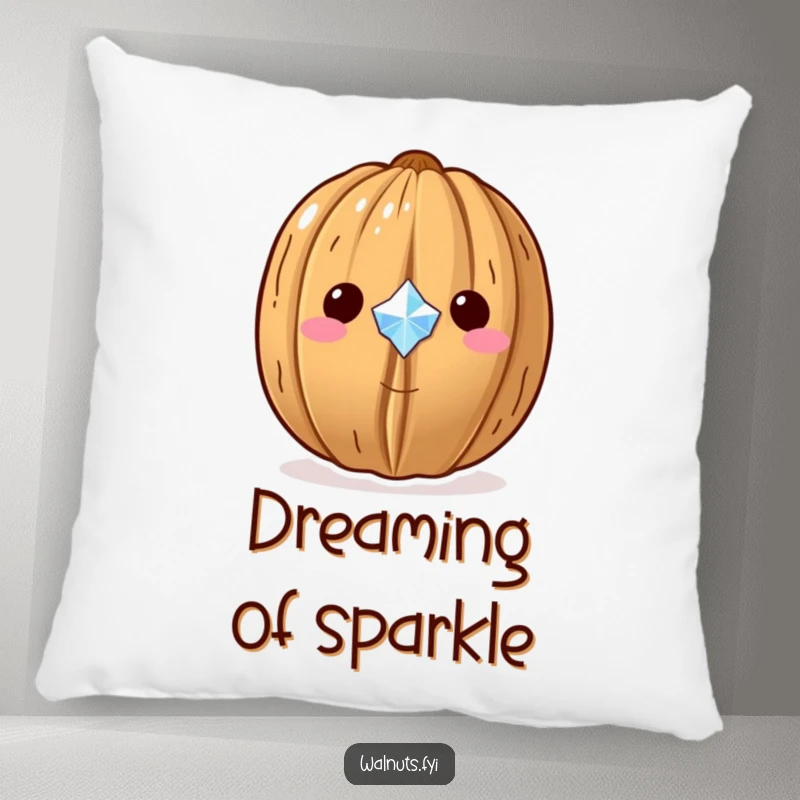 Funny Kawaii walnut pillow, a walnut proudly showing off a tiny sparkling gem, a soft and glamorous accent.