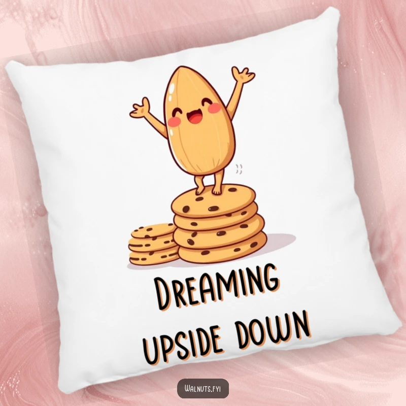 Funny pillow featuring an amused almond balancing in a handstand on cookies, perfect for comfort and laughs.