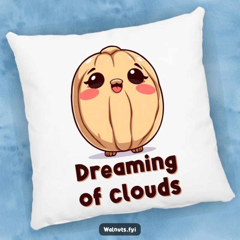 Funny pillow featuring a curious walnut character looking up at the sky, ideal for adding comfort and inspiring contemplation.