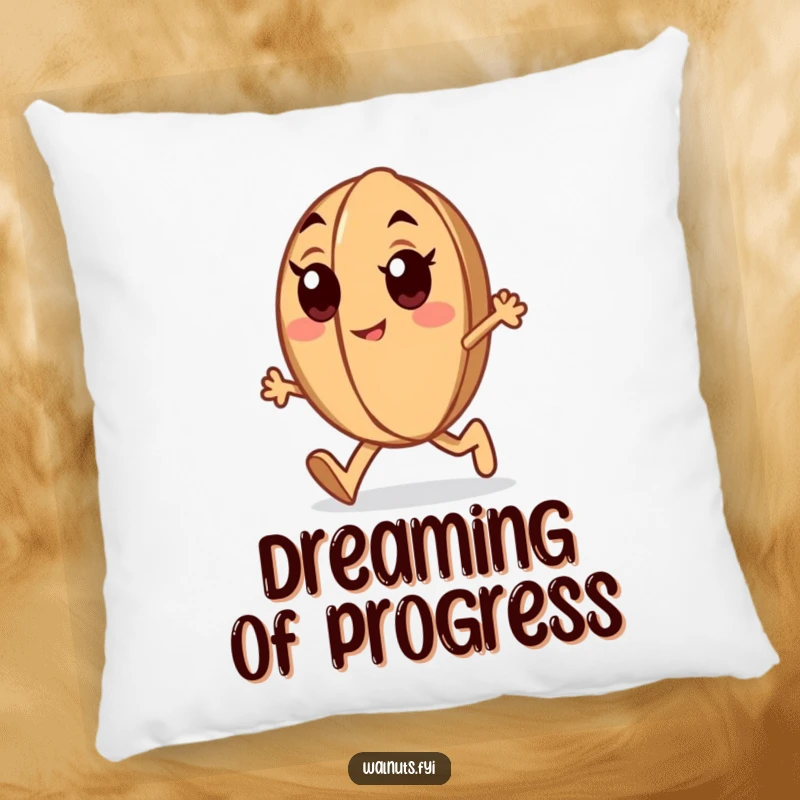 Funny determined walnut pillow showing a marching walnut with enthusiastic eyes, soft and humorous.